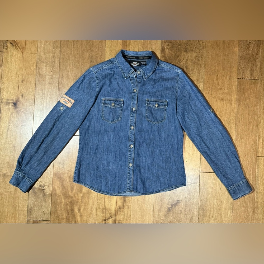 Harley Davidson Denim Button Down Shirt Women’s Large V-Twin Power Long Sleeve